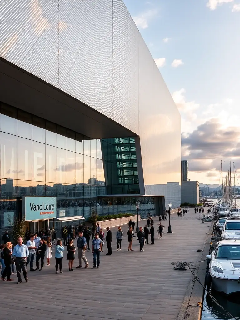 A wide shot of the Vancouver Convention Centre, highlighting its waterfront location and modern architecture, with attendees networking outside.