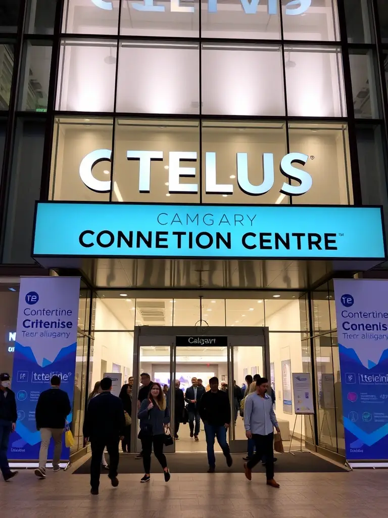 A photograph of Calgary Telus Convention Centre, brightly lit, with people entering for a tech conference, showcasing the energy of the event.