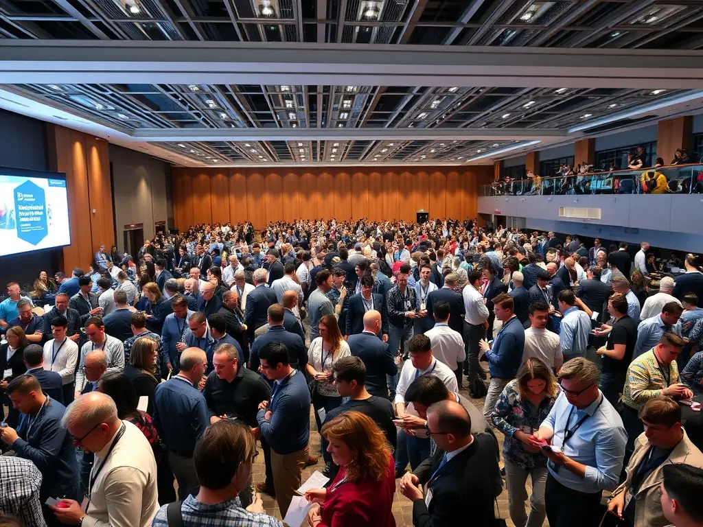 A photograph of the Palais des congrès de Montréal, highlighting a developer conference with workshops and presentations on software development and AI.