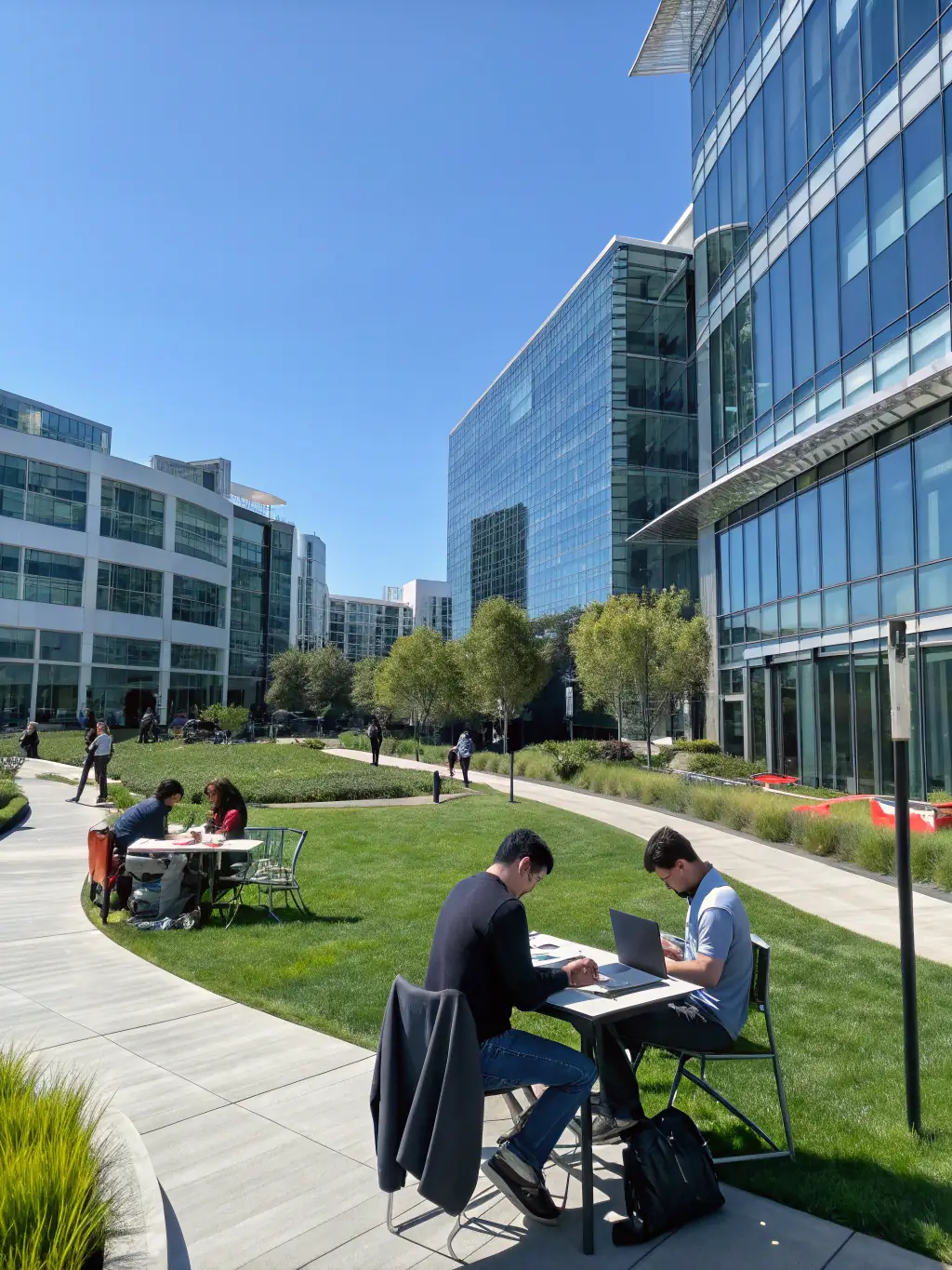 A vibrant image of Montreal's tech district, with modern buildings and people collaborating in outdoor spaces, reflecting the city's innovative spirit.