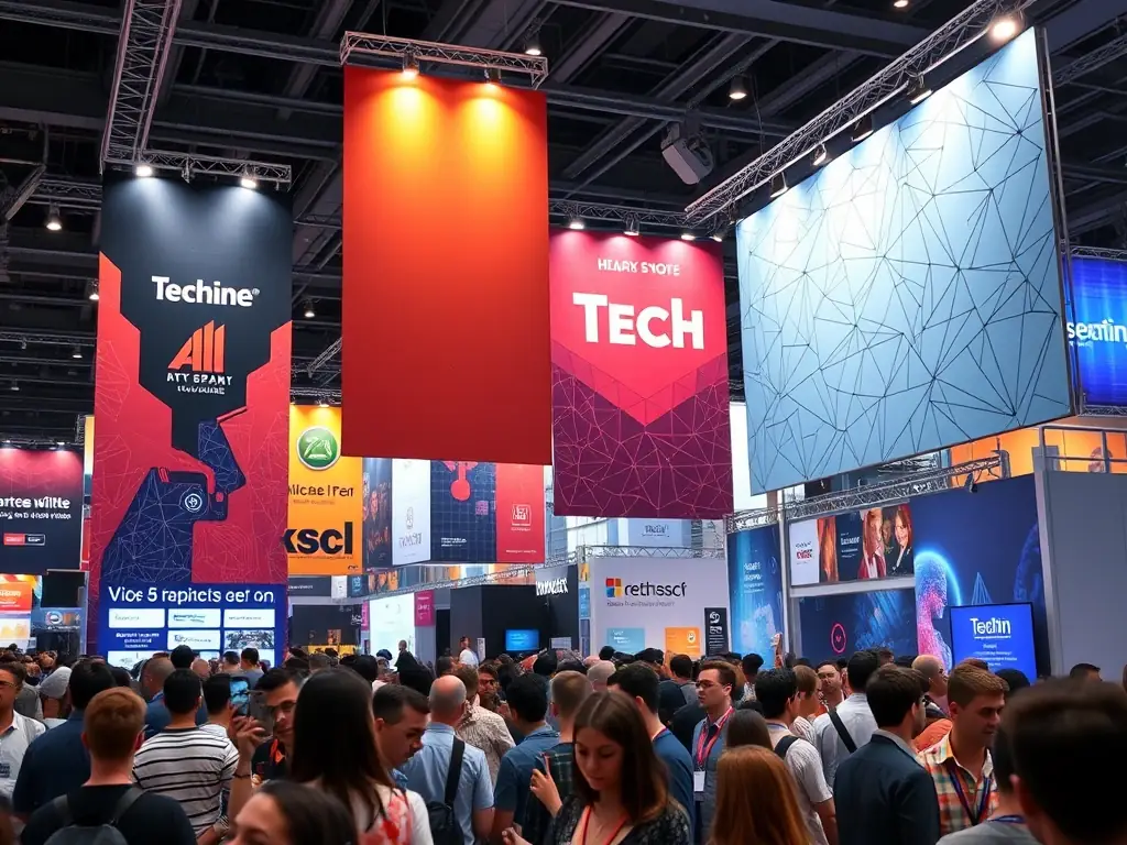 A photograph of the Vancouver Convention Centre, showcasing a tech expo with interactive displays and attendees engaging with the exhibits.