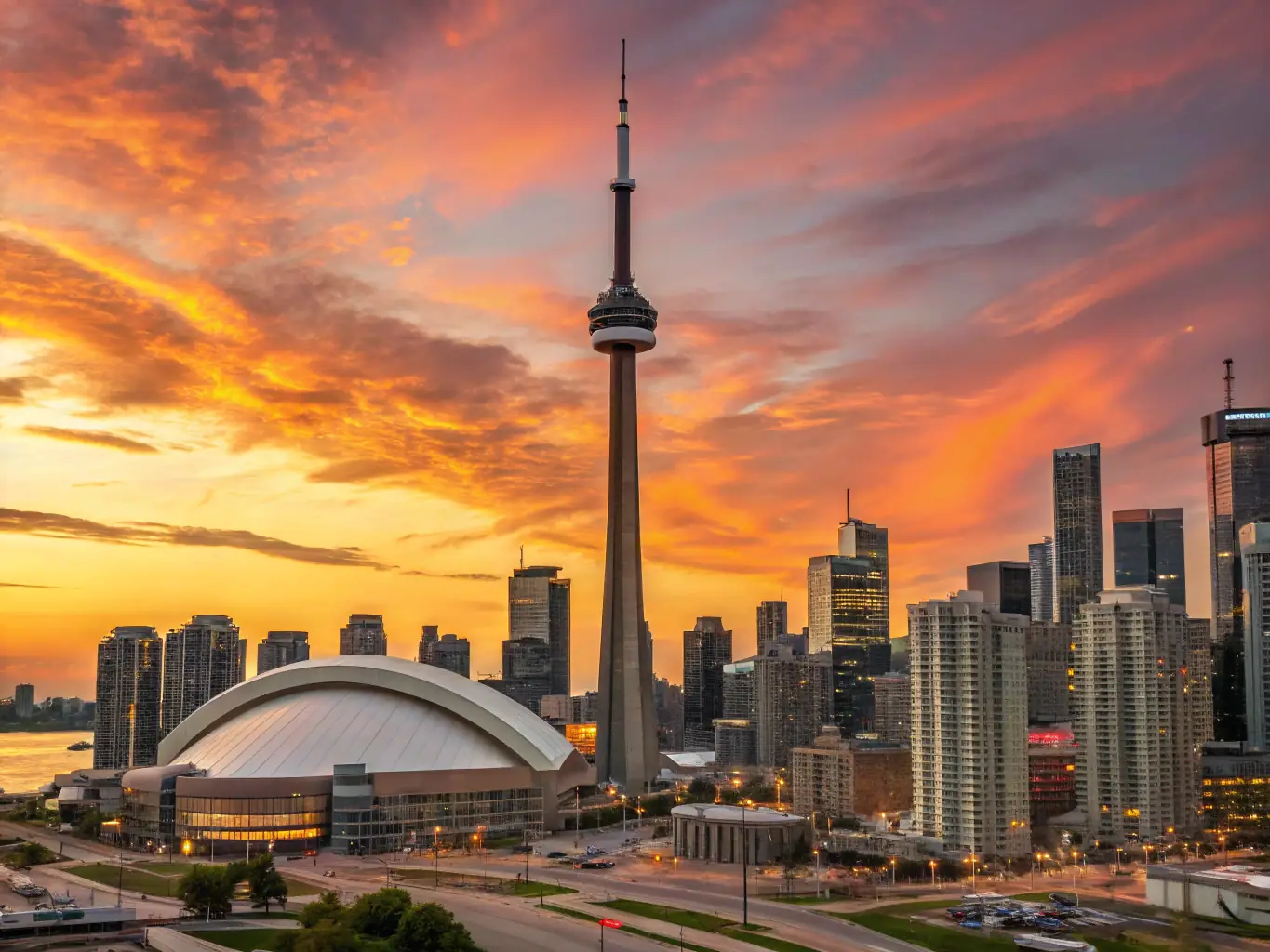 A nighttime shot of the Toronto skyline, emphasizing the city's status as a major financial and tech center in Canada.