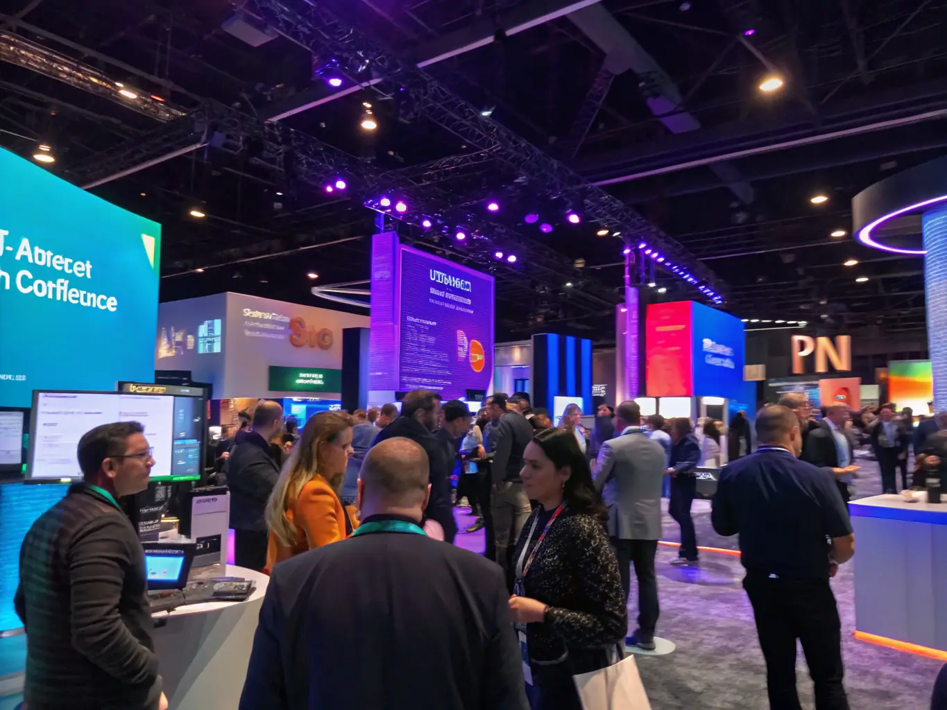 A photograph of the Enercare Centre in Toronto, set up for a tech conference, with people networking and booths displaying various tech products.