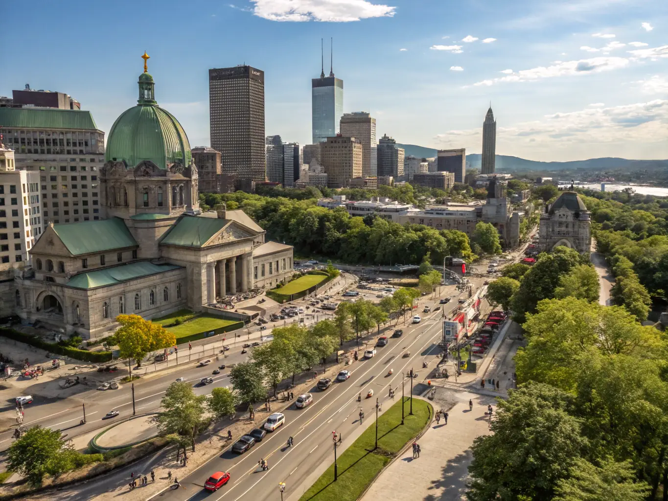 A vibrant image of Montreal's tech district, showcasing modern architecture and a diverse group of tech professionals collaborating.