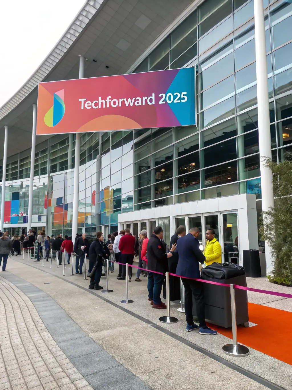 A photograph of the Metro Toronto Convention Centre, brightly lit, with people entering for a tech conference, showcasing the energy of the event.